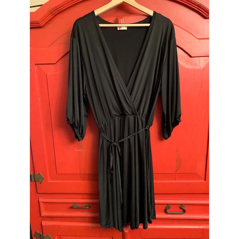 Blue Leopard 2X XXL Black Faux Wrap Dress VERY Stretchy & Light for Hot Days EUC